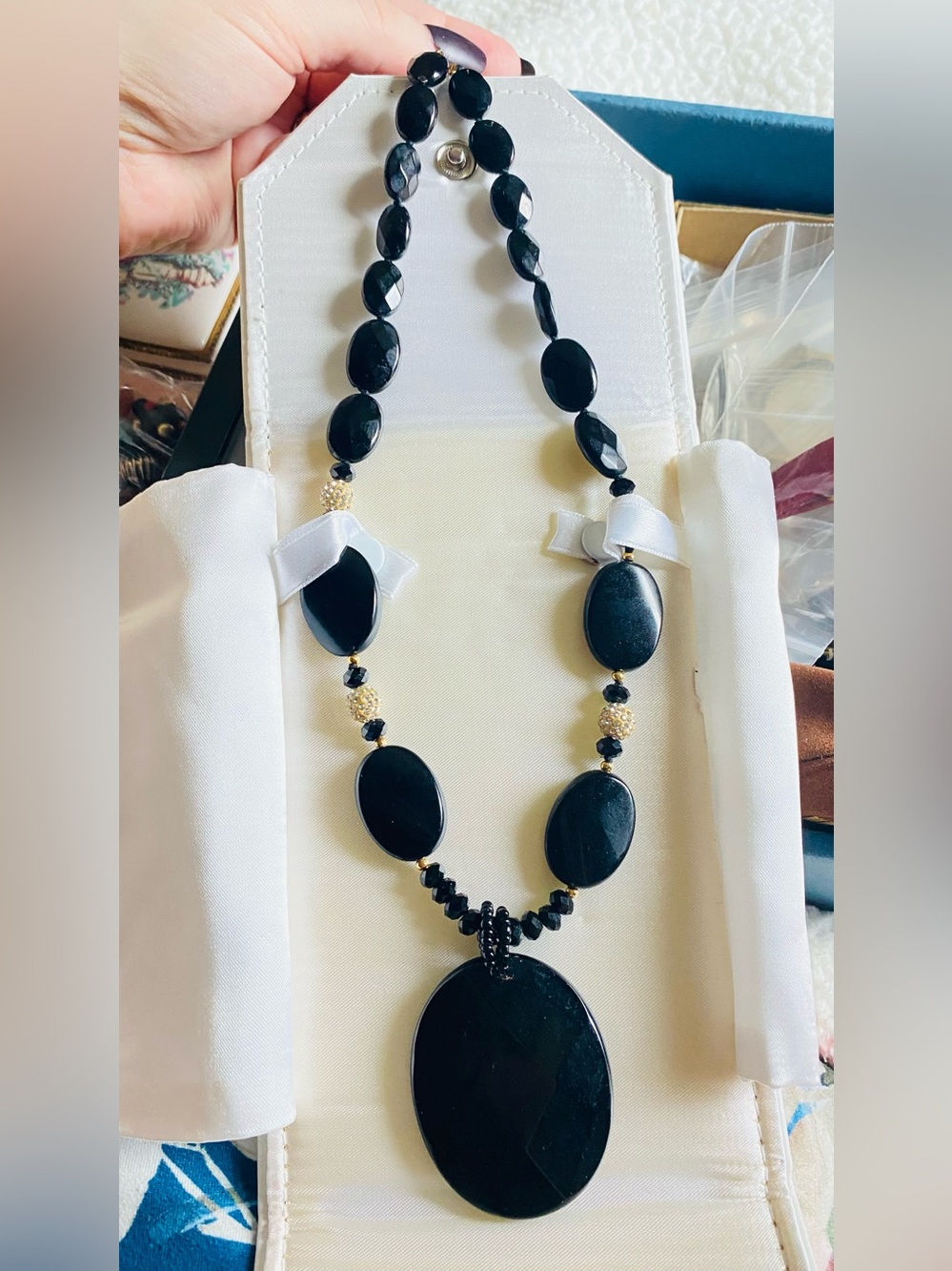 Vintage Black Beaded Statement Glossy Oval Pendant 90’s Crystal Pave’ Beads